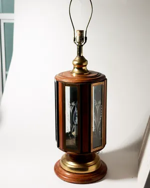 Mid-Century Brass Wood Octagonal Etched Glass Lantern Lamp