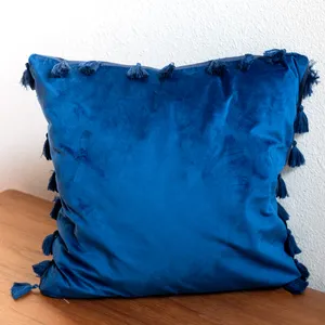 Crushed Velvet Navy Blue Throw Pillow with Stringed Tassels 