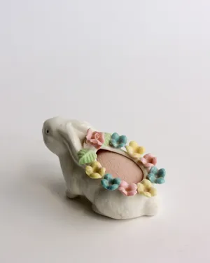 Vintage White Ceramic Bunny Pincushion, Sewing with Pastel Primary Colored Flowers