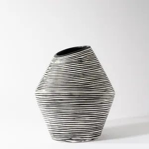 Housewares Vase: White and Black Ceramic Striped Asymmetrical Vase - 12.5