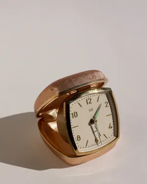 Vintage Elgin Travel Alarm Clock, Gold Clamshell Hard Case