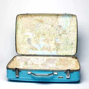 Shiny Baby Blue American Tourister Tiara Suitcase with Paper Machette Map lining the interior