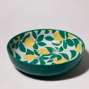 Teal Green Melamine Lemon Print Serving Bowl