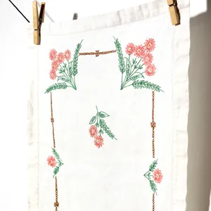 Kitchen Soft Goods: Hand Embroidered pink thread flowers and green leaves and brown border on white cotton, table runner, tablecloth - 38