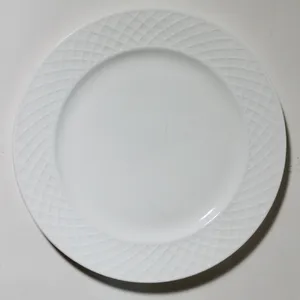 White Porcelain Lattice Embossed Basketweave Rim Dinner Plate