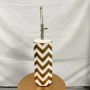 Large Ceramic Cylinder Cream Lamp with Gold Chevron