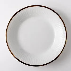 White Pasta Bowl Textured Rim and Gold Trim