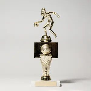 White Marble and Gold Girl Basketball player Trophy