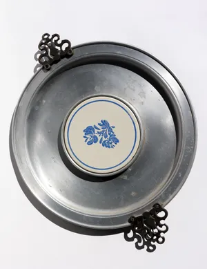 Vintage Pfaltzgraff Round Handled Serving Tray Cheese Tray, Silver Medal Blue and Whiite round tile in the center Yorktowne