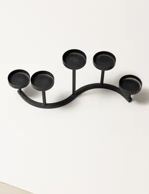 Black Wrought Iron Candle Stand in an S shape with 5 Pillar Candle Shelves, candelabra