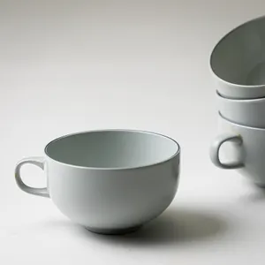 Light Gray Coupe Shaped Coffee Mugs Blue Line Around Edge - 4