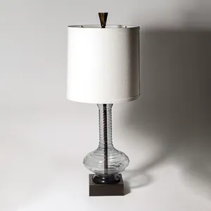 Antique Gold Base, Clear Hourglass Ribbed Lamp with White Pillar Lamp Shade
