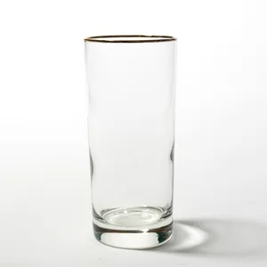 Tall Clear Smooth Tumbler with Gold Rim, Water Glass, Drinking Glass, Highball