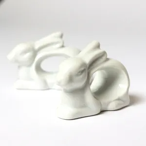 Free Standing seated Easter Bunny Rabbits, Napkin Rings Holders White Ceramic. Easter or Spring Luncheon. 