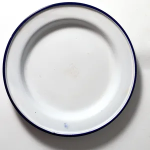 White Enamelware Salad Plate with Blue Rim