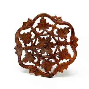 Hand Carved Wooden Trivet Vintage Boho Style Made in I dia Leaf and Start Design