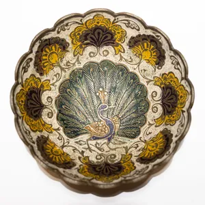 Vintage Solid Enameled Brass Footed Bowl Dish Peacock Floral