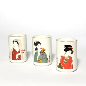 Asian Tea Wine Sake Cups White with different Japanese Geishas printed on the side - 3.25
