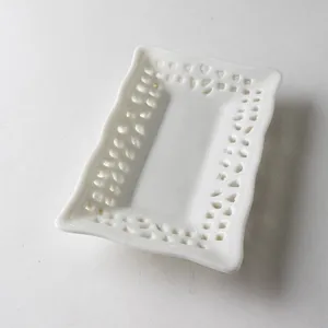 White Porcelain Butter Dish with Cut Outs Around the Rim - 5
