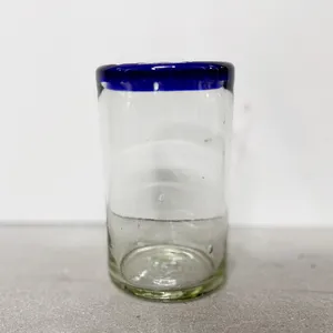 hand-blown glass with a distinctive cobalt blue rim