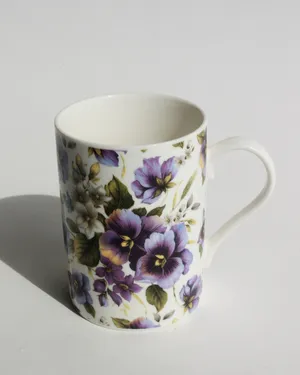 Purple Pansy Covered White Porcelain Coffee Mug Cup, Tall
