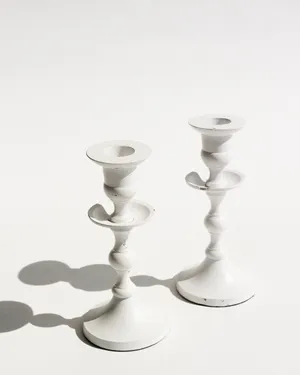 White Distressed Metal Tapered Candlestick Holders Shabby Shiek