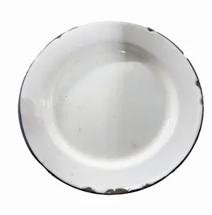 Vintage Rustic White Enamelware Salad Plate with Black Rim