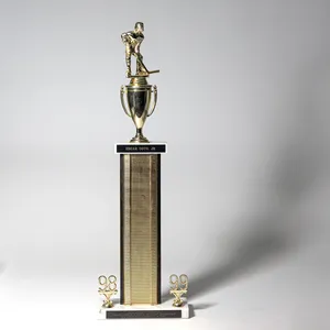 Tall Black and Gold Vintage Hockey Trophy with a player and a cup