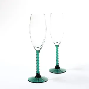 Clear Champagne flute Glass with twist green aqua stem and base - 8.5