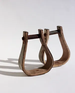 Pair Vintage Western Stirrups - Hardwood with Aged Galvanized Metal Protective Wrap