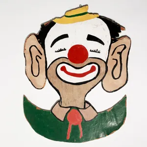 Vintage Folk Art Painted Wood Clown Face Wall Hanging, Spooky, Scary