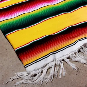 Colorful Mexican Serape Striped Woven Fringe Blanket Yellow, Blue and Orange