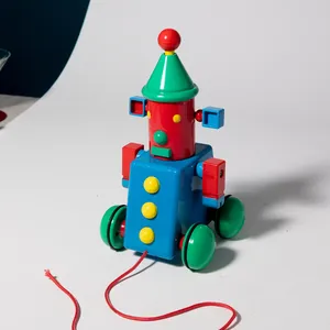 Children, Kids, Toddler, Colorful Robot Pull Toy Blue, Red, Yellow, Green with red pull string