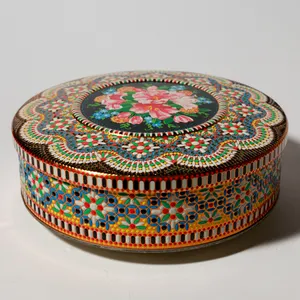 Cookie Tin Black with Pink Flowers in the Middle and Scalloped Edge Design