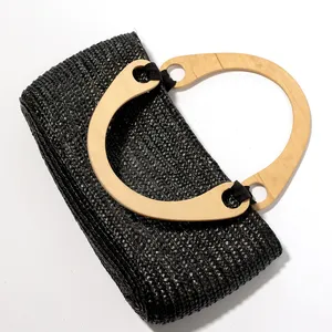 Straw Bag with Wood Handles Tote Bag Black Wicker - 12
