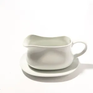 White Ceramic Square Shape Long Gravy Boat with Saucer - 7.5