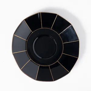 Mikasa Midnight Black 12 sided Saucer with Gold Trim Art Deco, Tea Party, Cupcake sized