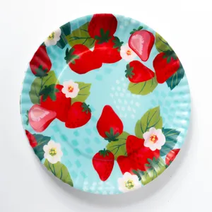 Plastic dishes that look like colorful paper plates Watermelon, Oranges, Strawberries 8