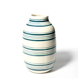 Blue and White Striped Ceramic Pottery Glazed Vase Country Modern - 9