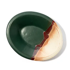 Forest Green and Beige Oval Pottery Stoneware Platter with Brown drip Turkey Platter - 15