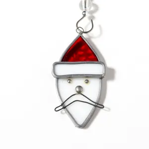 Vintage Handmade Stained Glass Santa Clause Red and White Christmas Ornament