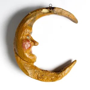 Houseware Tchotche: House of Hattanpaper mache Crescent Moon Ornament with a Face. Brown -  4.5