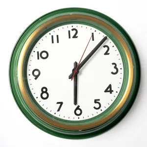 Green Metal Wall Clock Off White Face Black Numbers and Gold around the edge 