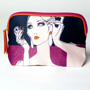 Estee Lauder Pink, Black and Orange Make-up bag with an illustration of a woman fixing her hair