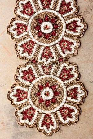 Beaded Floral Table Runner Red Cream Tan Bohemian
