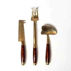 Mid Century MCM Thai Bronze and Teak Silverware Cheese Service Set