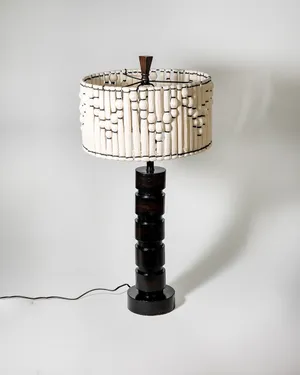 Wooden Black Cylinder Lamp with unique black and white lamp shade