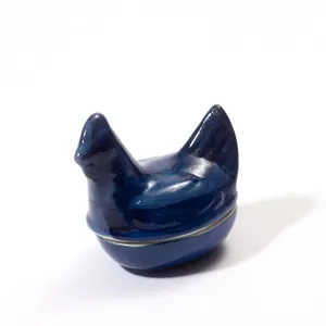 Vintage Blue Hen on a Nest Salt Cellar Cobalt Blue Pottery Glaze Trinket Box - 3.5