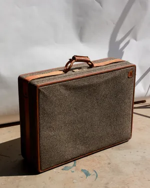 Vintage Nubby Brown Tweed Suitcase and Camel Tan Leather Trim and Handle