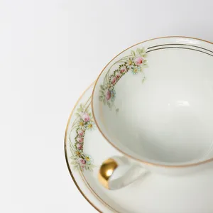 krautheim selb bavaria Large cup Fine China Simple Pink Flowers Gold Paint around the rim